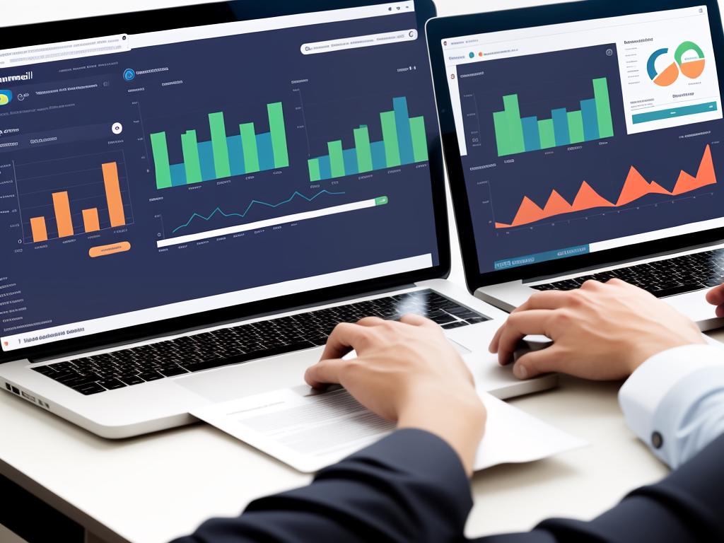 Image depicting a person sending an email campaign with graphs and charts representing the success metrics.