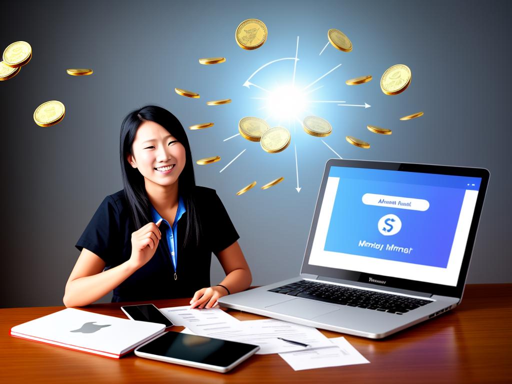 Illustration of a person using a laptop and money flying around, representing affiliate marketing success